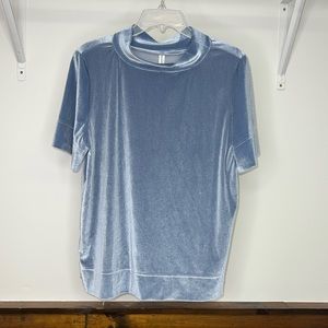By Anthropologie Blue Velvet Short Sleeve Mock Neck Top- L